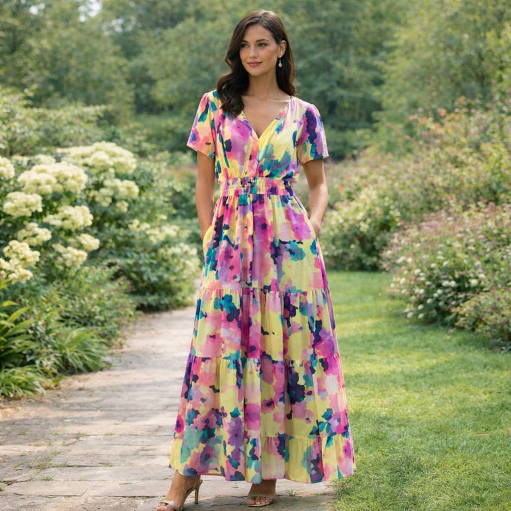 Nicole Miller New York Watercolor Floral Maxi Dress Size Small With Pockets